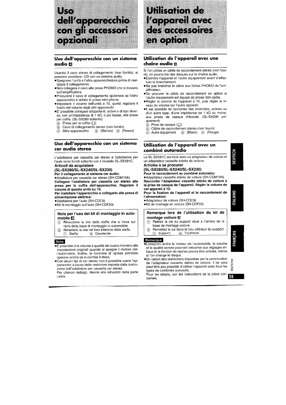 Uso dell'apparecchio con un sistema audio e1, Utilisation de l'appareil avec une chaîne audio el | Panasonic SLSX280 User Manual | Page 59 / 72