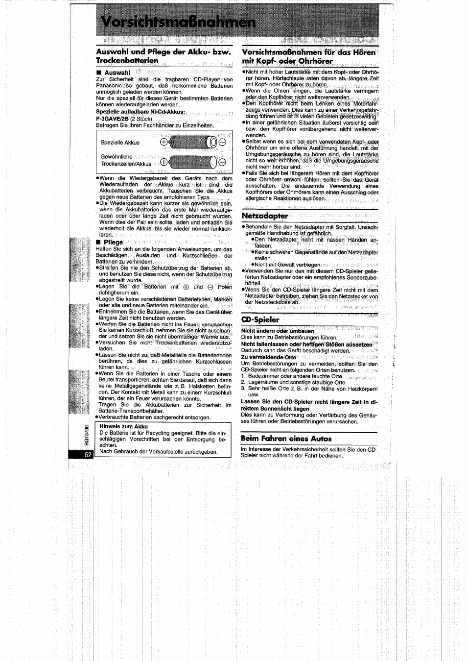 Vorsichtsmaßnahmen | Panasonic SLSX280 User Manual | Page 62 / 72