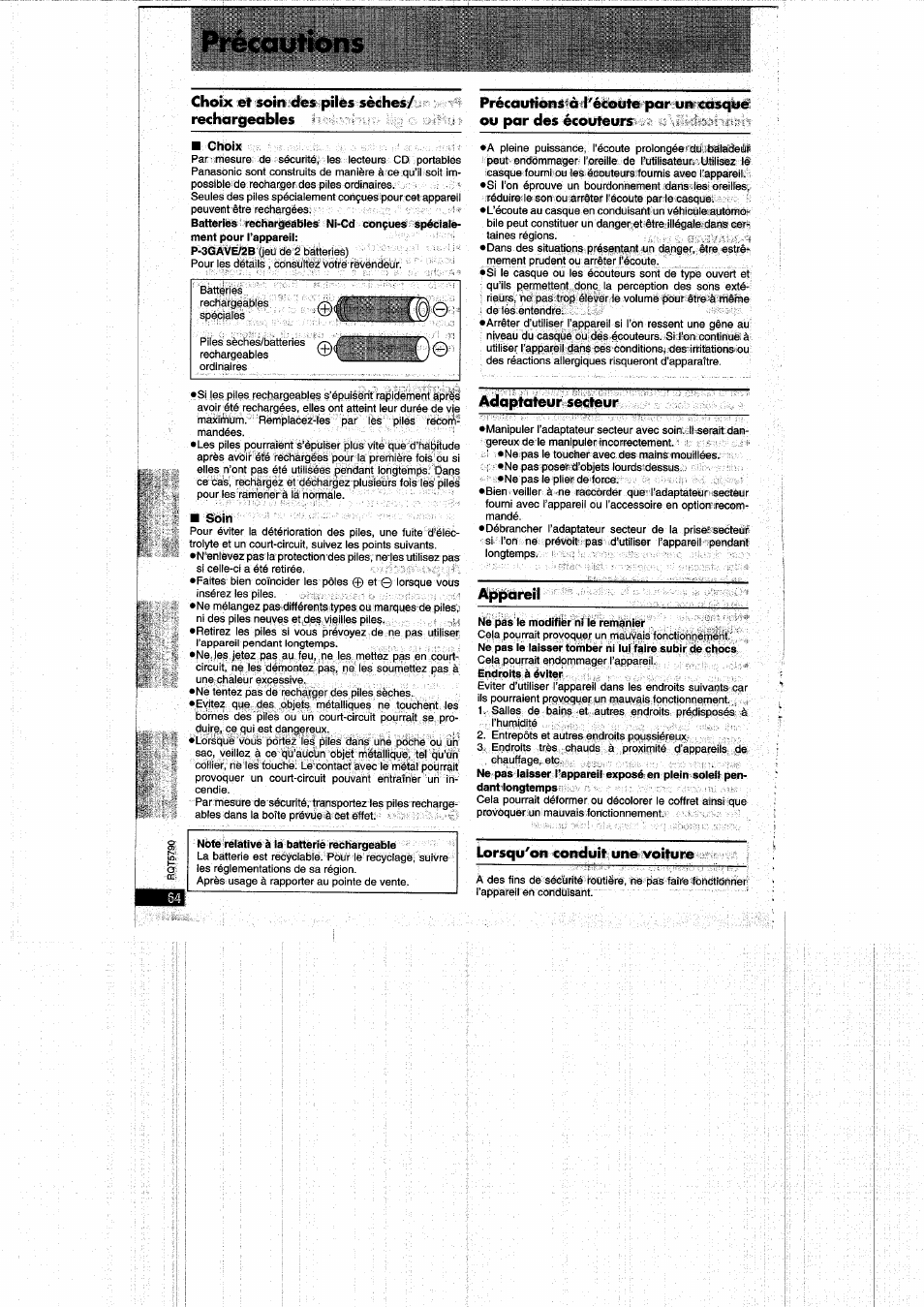 Précautions | Panasonic SLSX280 User Manual | Page 64 / 72
