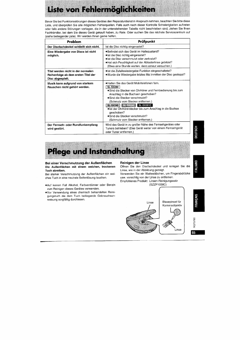 Reinigen der linse, Liste von fehlermöglichkeiten, Pflege und instandhaltung | Problem prüfpunkt | Panasonic SLSX280 User Manual | Page 65 / 72