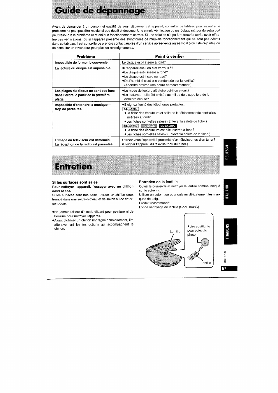 Si les surfaces sont sales, Entretien de la lentille, Guide de dépannage | Entretien, Problème point à vérifier | Panasonic SLSX280 User Manual | Page 67 / 72