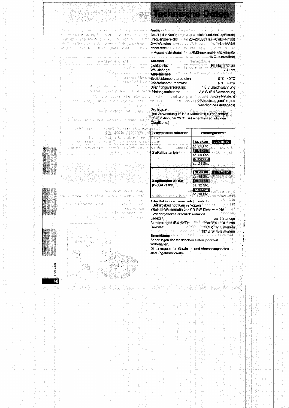 Technische doten | Panasonic SLSX280 User Manual | Page 68 / 72