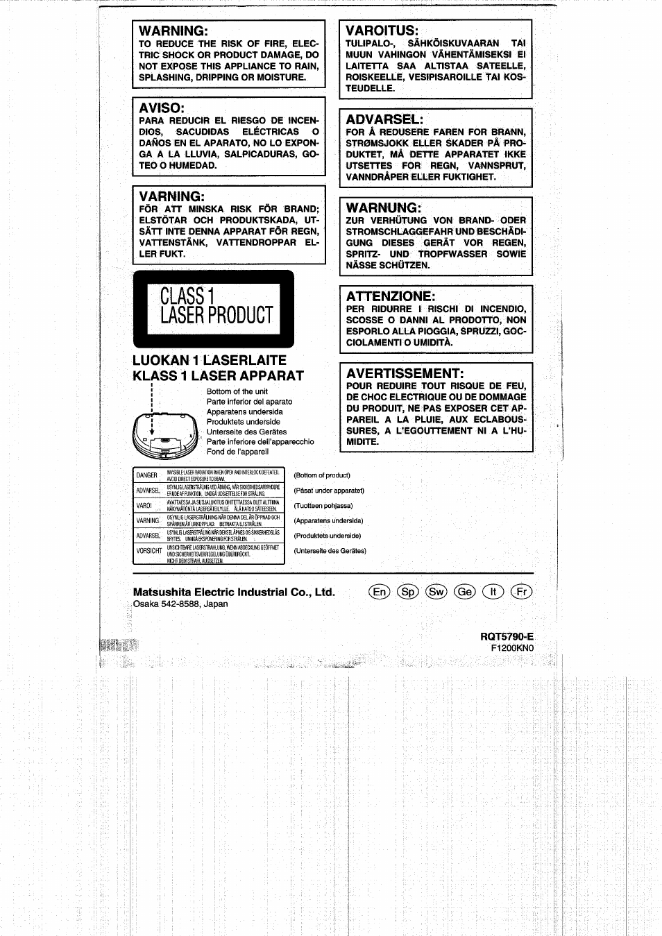 Warning, Aviso, Varning | Luokan 1 laserlaite klass 1 laser apparat, Varoitus, Advarsel, Warnung, Attenzione, Avertissement, Matsushita electric industrial co., ltd | Panasonic SLSX280 User Manual | Page 72 / 72