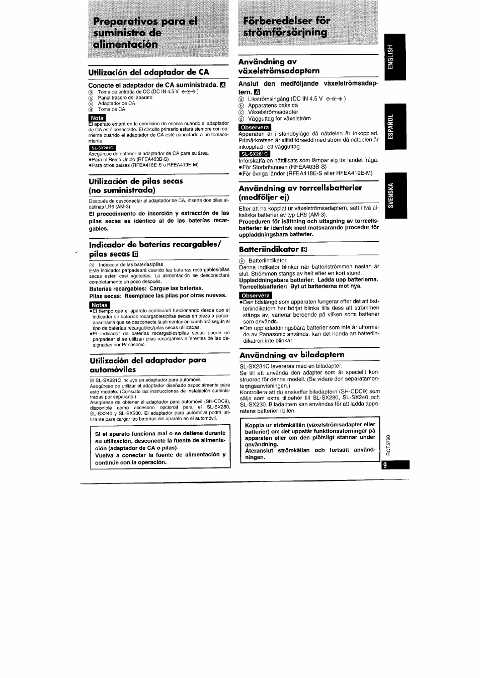 Conecte el adaptador de ca suministrada. el, Anslut den medföljande växelströmsadaptern. h, Preparativos para el suministro de alimentación | Förberedelser for strömförsörjning | Panasonic SLSX280 User Manual | Page 9 / 72
