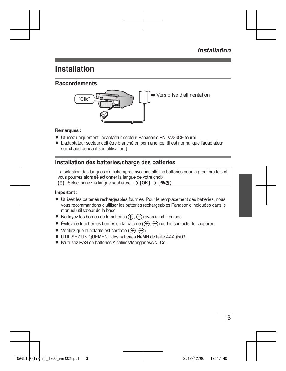 Installation | Panasonic KXTGA785EX User Manual | Page 19 / 112