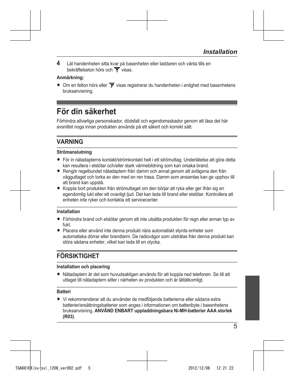 För din säkerhet | Panasonic KXTGA785EX User Manual | Page 37 / 112