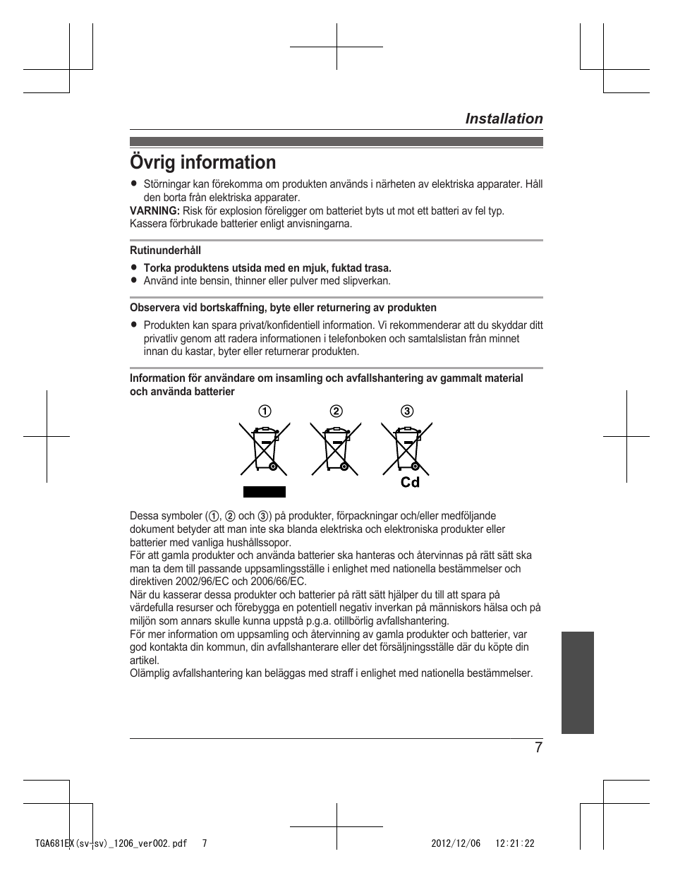 Övrig information | Panasonic KXTGA785EX User Manual | Page 39 / 112