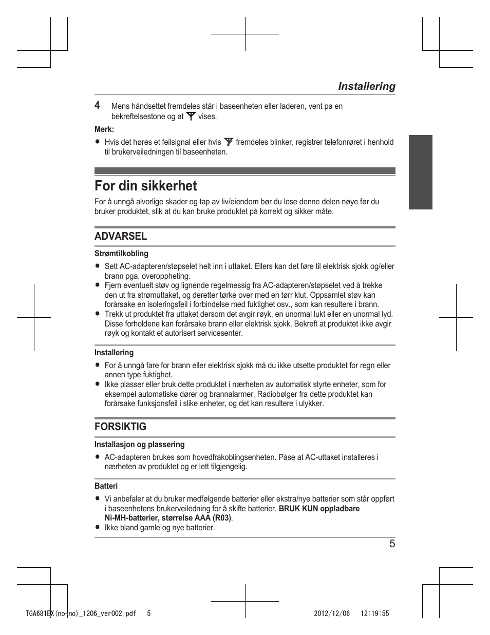 For din sikkerhet | Panasonic KXTGA785EX User Manual | Page 45 / 112