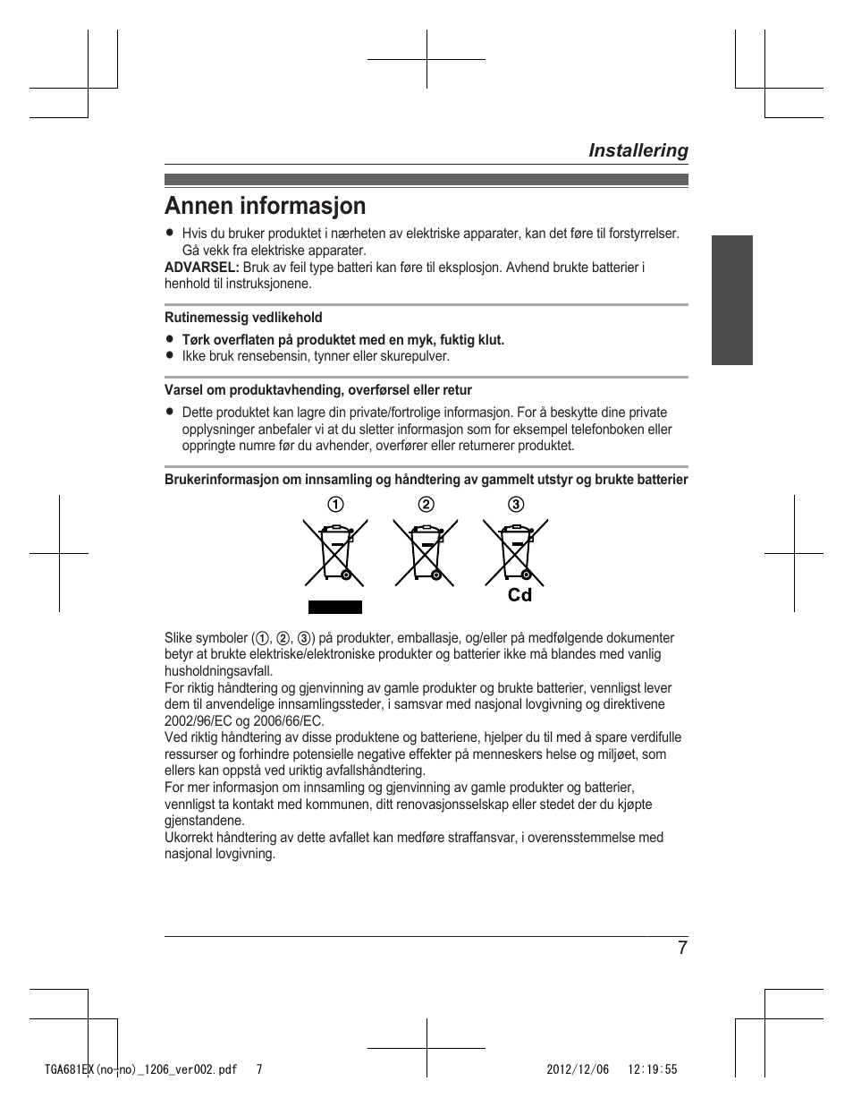 Annen informasjon | Panasonic KXTGA785EX User Manual | Page 47 / 112