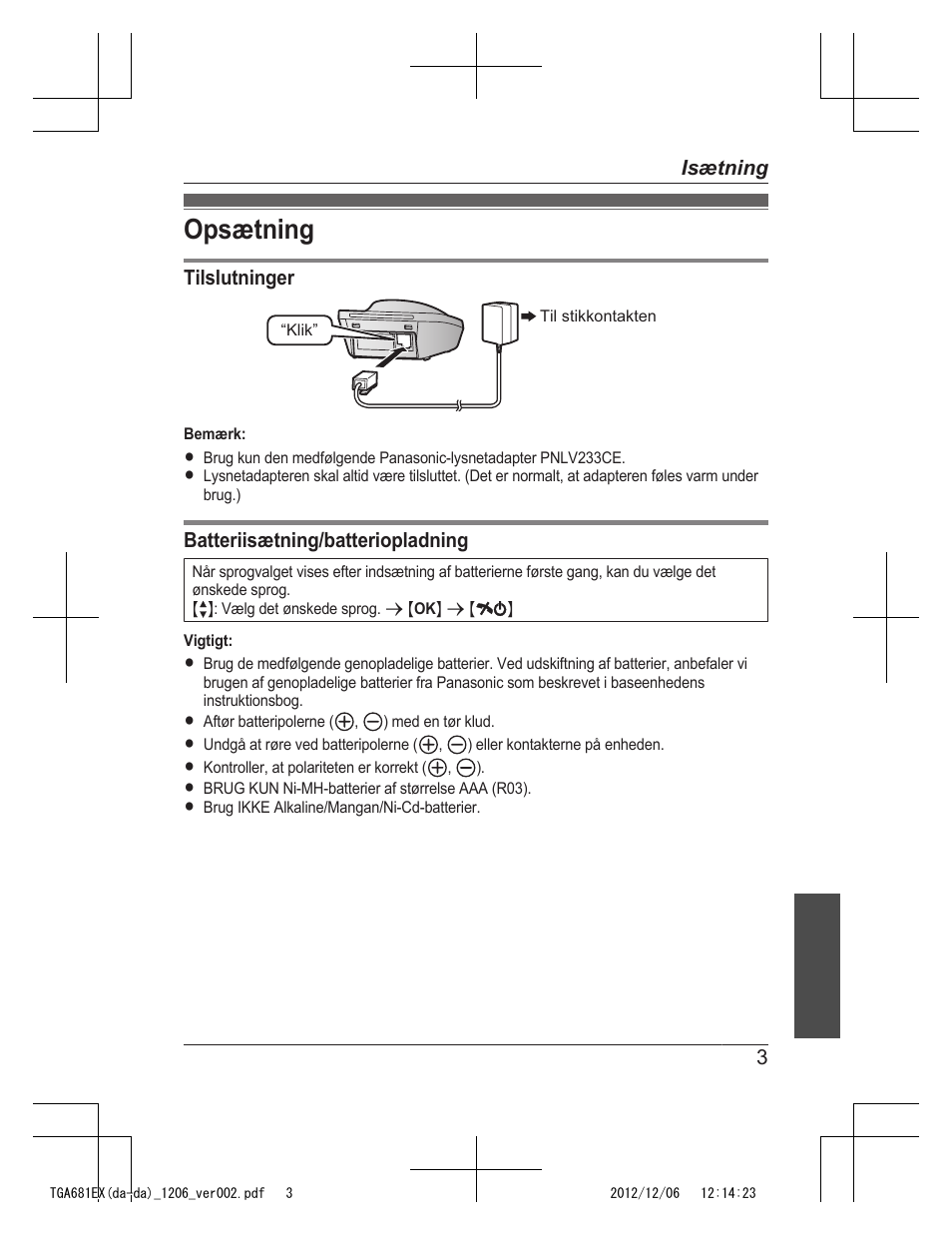 Opsætning | Panasonic KXTGA785EX User Manual | Page 75 / 112
