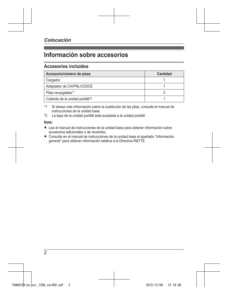 Colocación, Información sobre accesorios, Accesorios incluidos | 2colocación | Panasonic KXTGA785EX User Manual | Page 82 / 112
