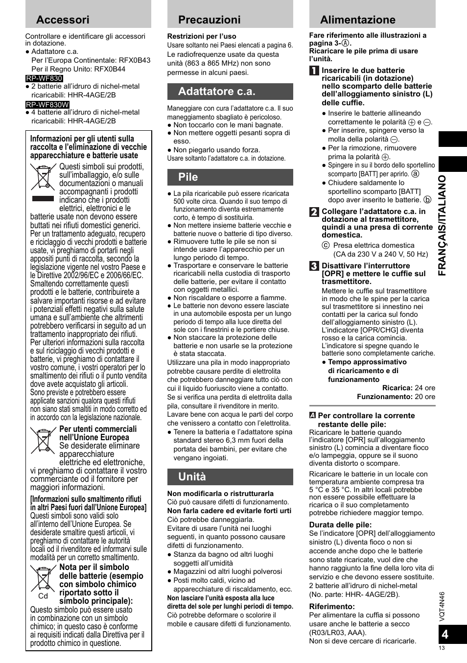 Accessori, Precauzioni, Adattatore c.a | Pile, Unità, Alimentazione, Français/it aliano | Panasonic RPWF830E User Manual | Page 13 / 52