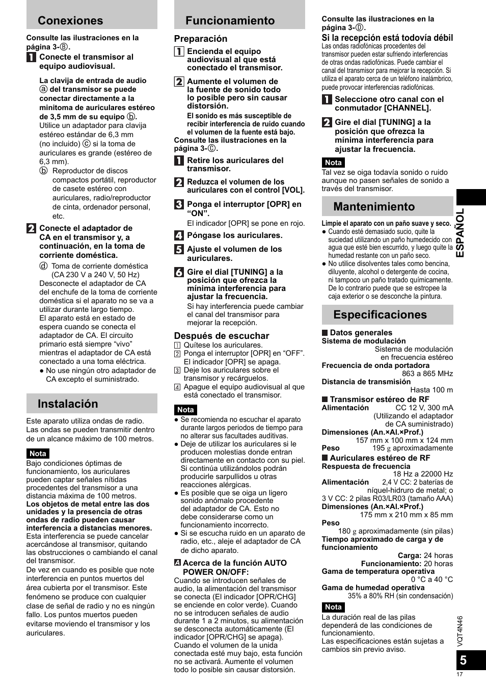 Conexiones, Instalación, Funcionamiento | Mantenimiento, Especifi caciones, Esp añol | Panasonic RPWF830E User Manual | Page 17 / 52