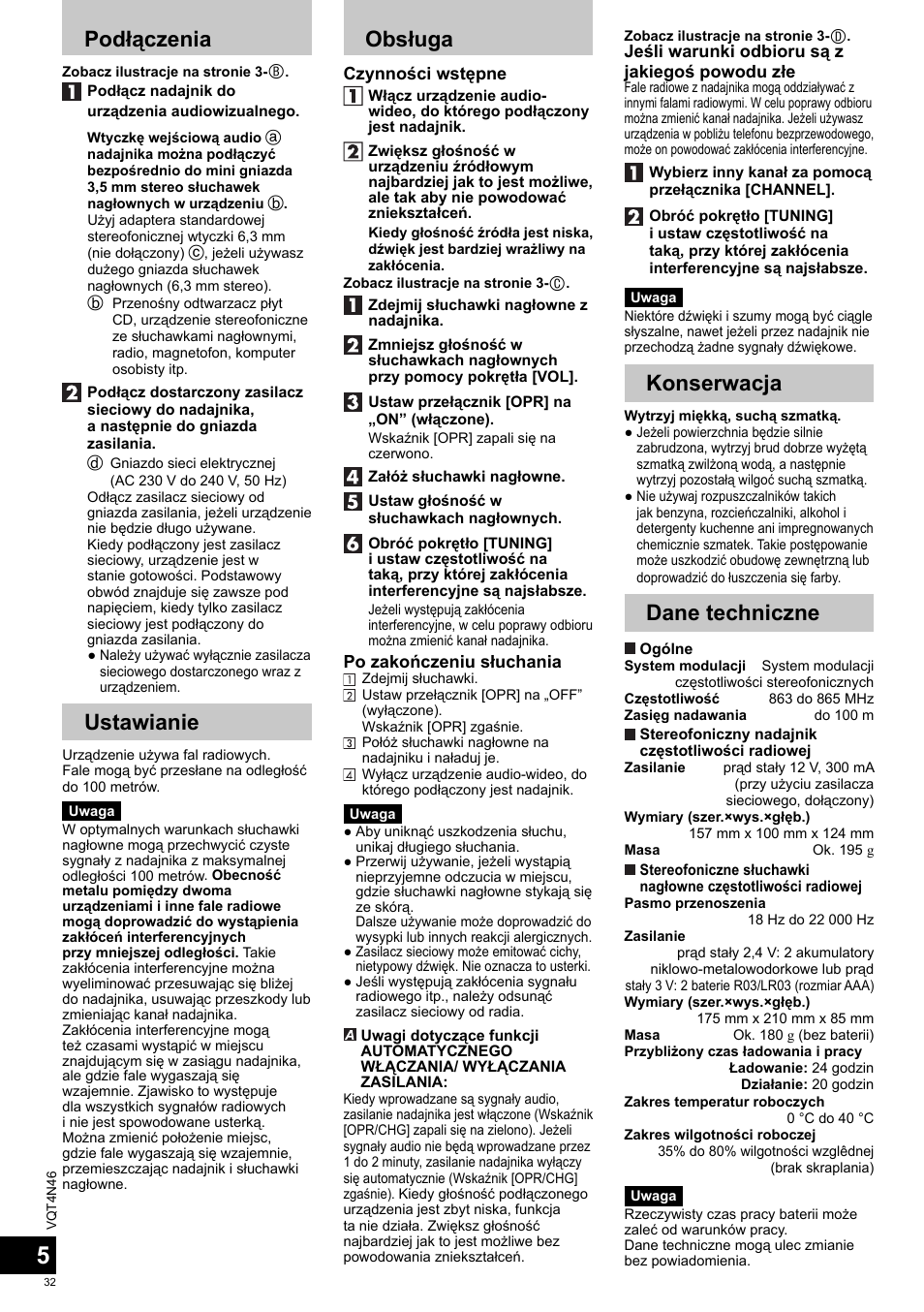 Podłączenia, Ustawianie, Obsługa | Konserwacja, Dane techniczne | Panasonic RPWF830E User Manual | Page 32 / 52