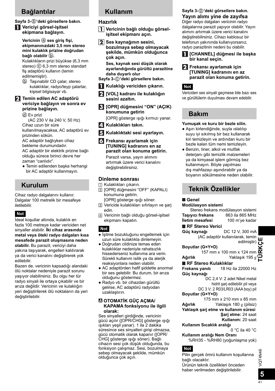Bağlantılar, Kurulum, Kullanım | Bakım, Teknik özellikler, Türkçe | Panasonic RPWF830E User Manual | Page 41 / 52