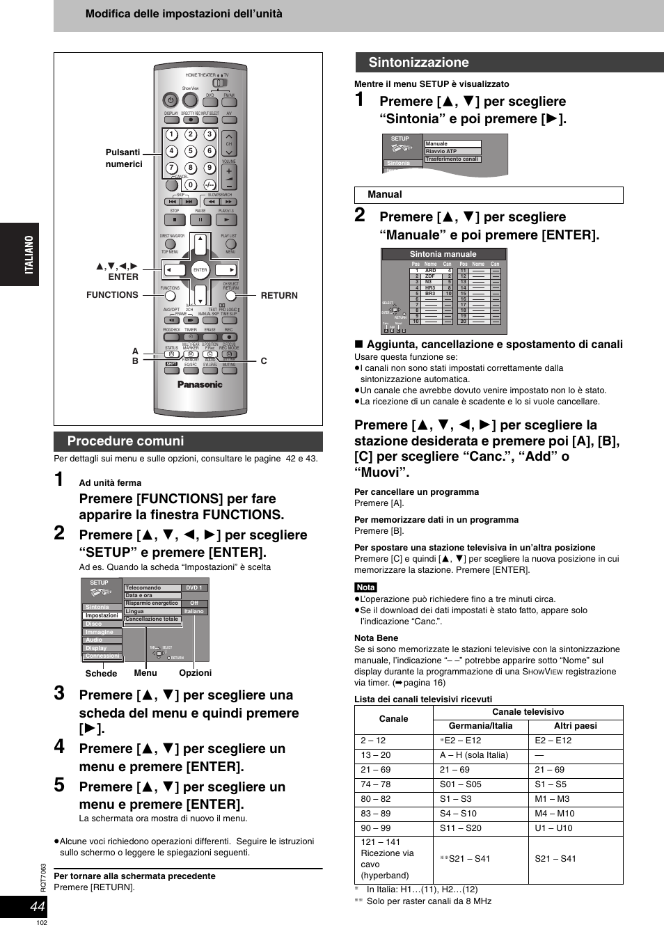 Procedure comuni, Sintonizzazione | Panasonic SCHT1000 User Manual | Page 102 / 176