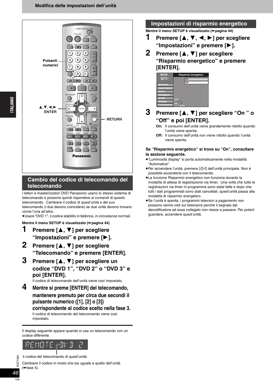 Cambio del codice di telecomando del telecomando, Impostazioni di risparmio energetico | Panasonic SCHT1000 User Manual | Page 104 / 176