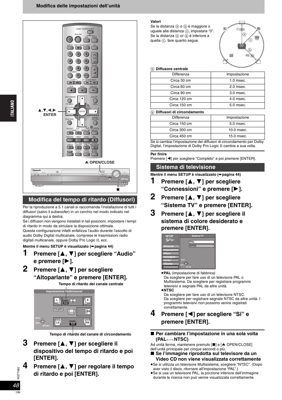 Premere [ 2 ] per scegliere “si” e premere [enter, Modifica del tempo di ritardo (diffusori), Sistema di televisione | Modifica delle impostazioni dell’unità, Per cambiare l’impostazione in una sola volta (pal, Ntsc) | Panasonic SCHT1000 User Manual | Page 106 / 176