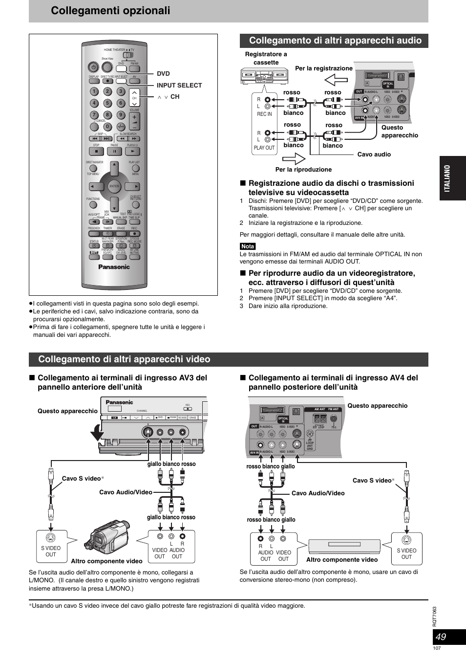 Collegamenti opzionali, Collegamento di altri apparecchi audio, Collegamento di altri apparecchi video | Nota | Panasonic SCHT1000 User Manual | Page 107 / 176