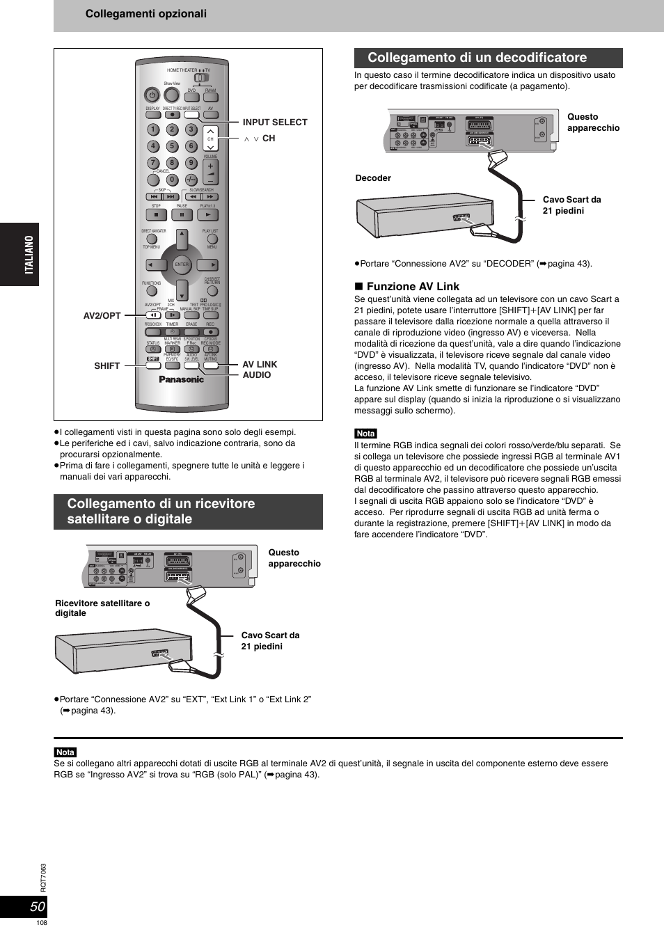 Collegamento di un decodificatore, Collegamenti opzionali, Funzione av link | Nota, Av link input select w x ch av2/opt shift audio | Panasonic SCHT1000 User Manual | Page 108 / 176
