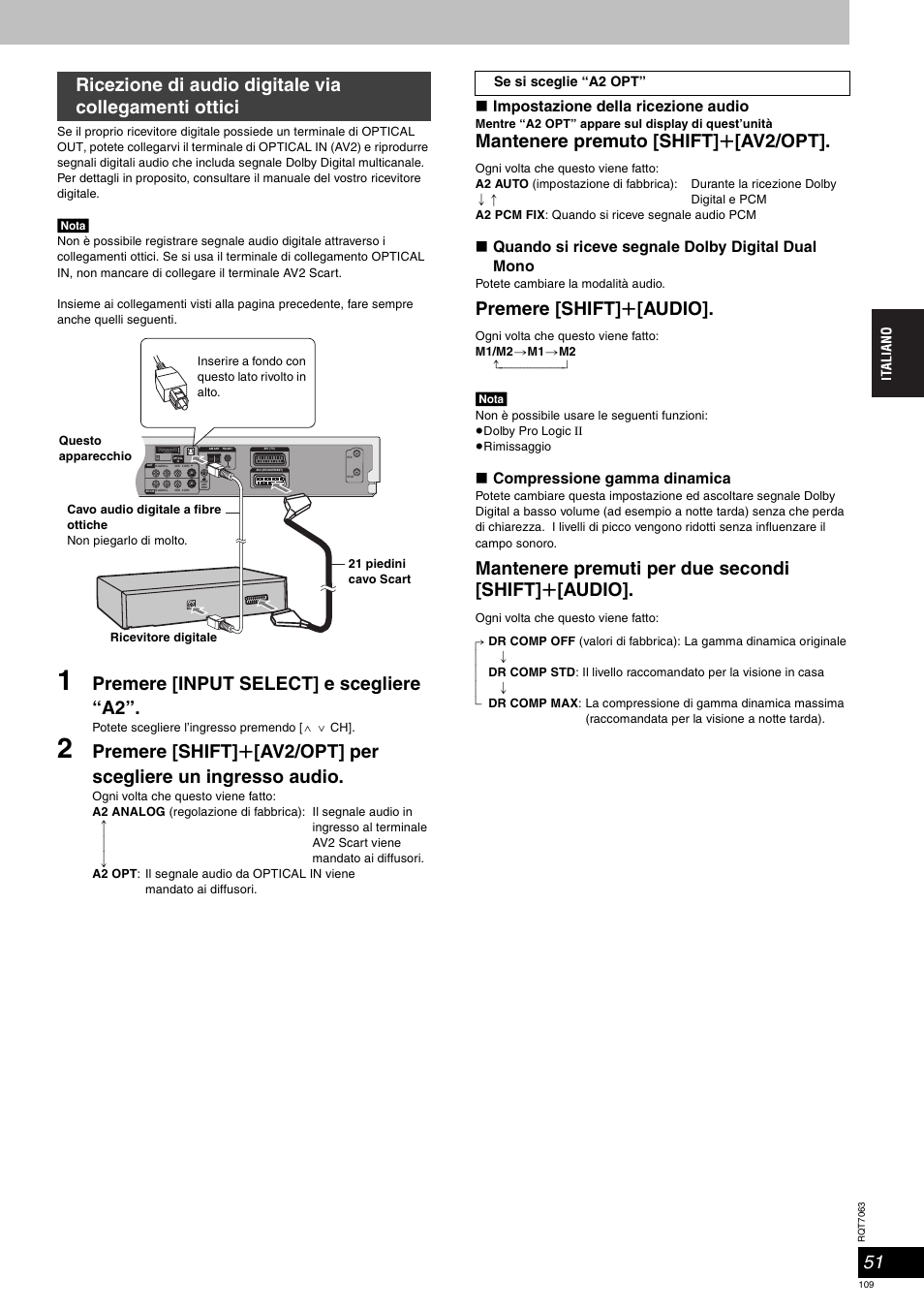 Premere [input select] e scegliere “a2, Mantenere premuto [shift] r [av2/opt, Premere [shift] r [audio | Mantenere premuti per due secondi [shift] r [audio | Panasonic SCHT1000 User Manual | Page 109 / 176
