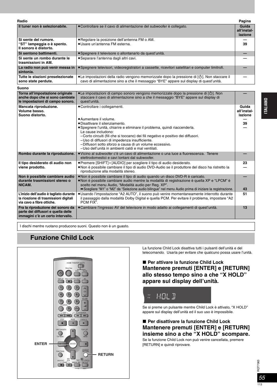 Funzione child lock, Per attivare la funzione child lock, Per disattivare la funzione child lock | Panasonic SCHT1000 User Manual | Page 113 / 176