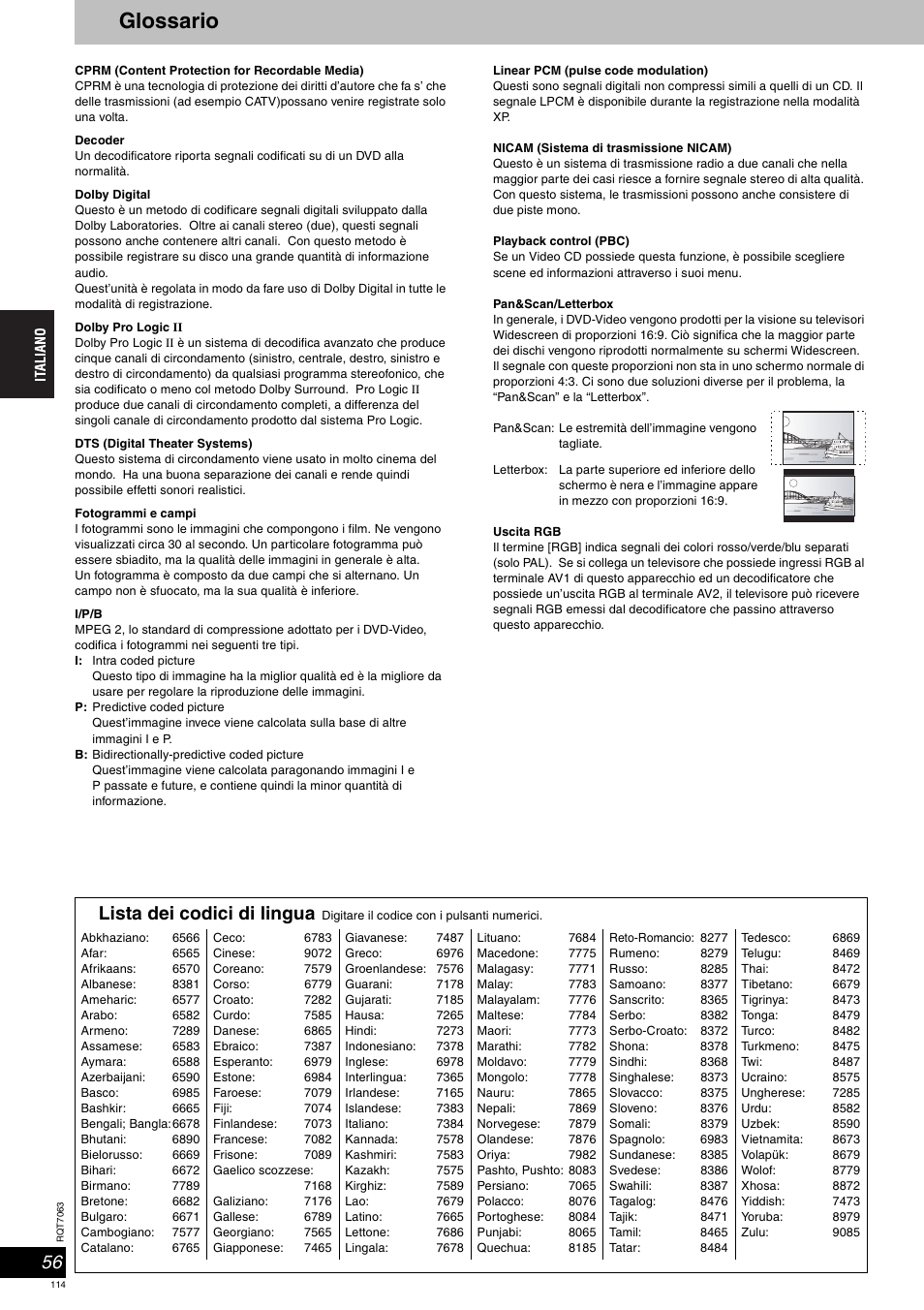 Glossario, Lista dei codici di lingua | Panasonic SCHT1000 User Manual | Page 114 / 176
