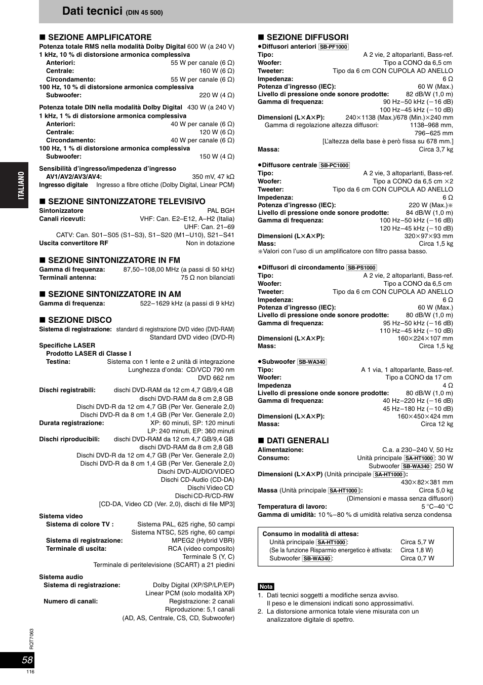 Dati tecnici | Panasonic SCHT1000 User Manual | Page 116 / 176