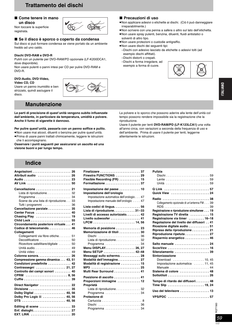 Trattamento dei dischi, Manutenzione, Indice | Panasonic SCHT1000 User Manual | Page 117 / 176