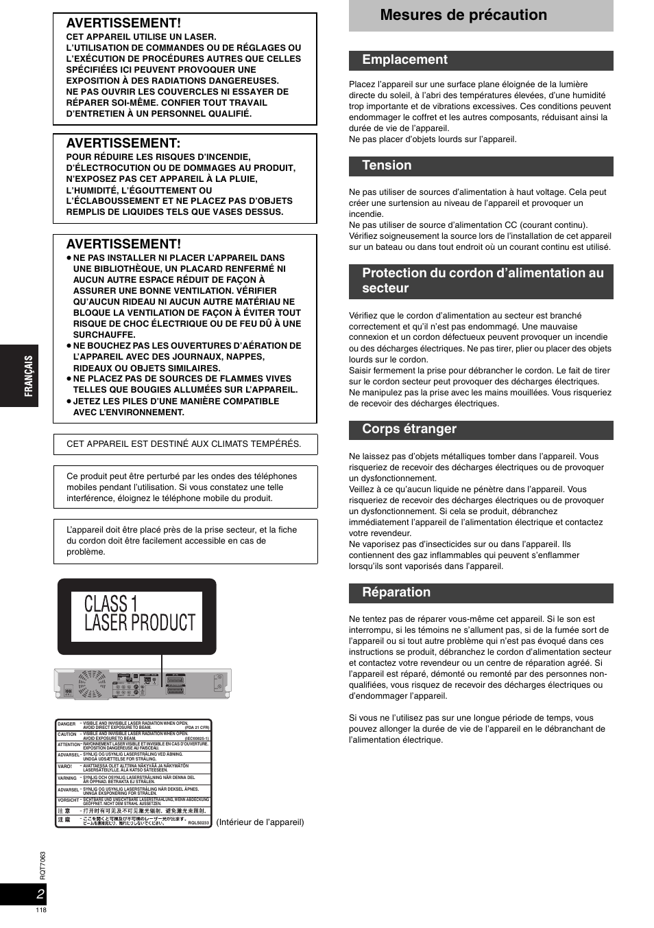 Mesures de précaution, Avertissement, Intérieur de l’appareil) | Panasonic SCHT1000 User Manual | Page 118 / 176