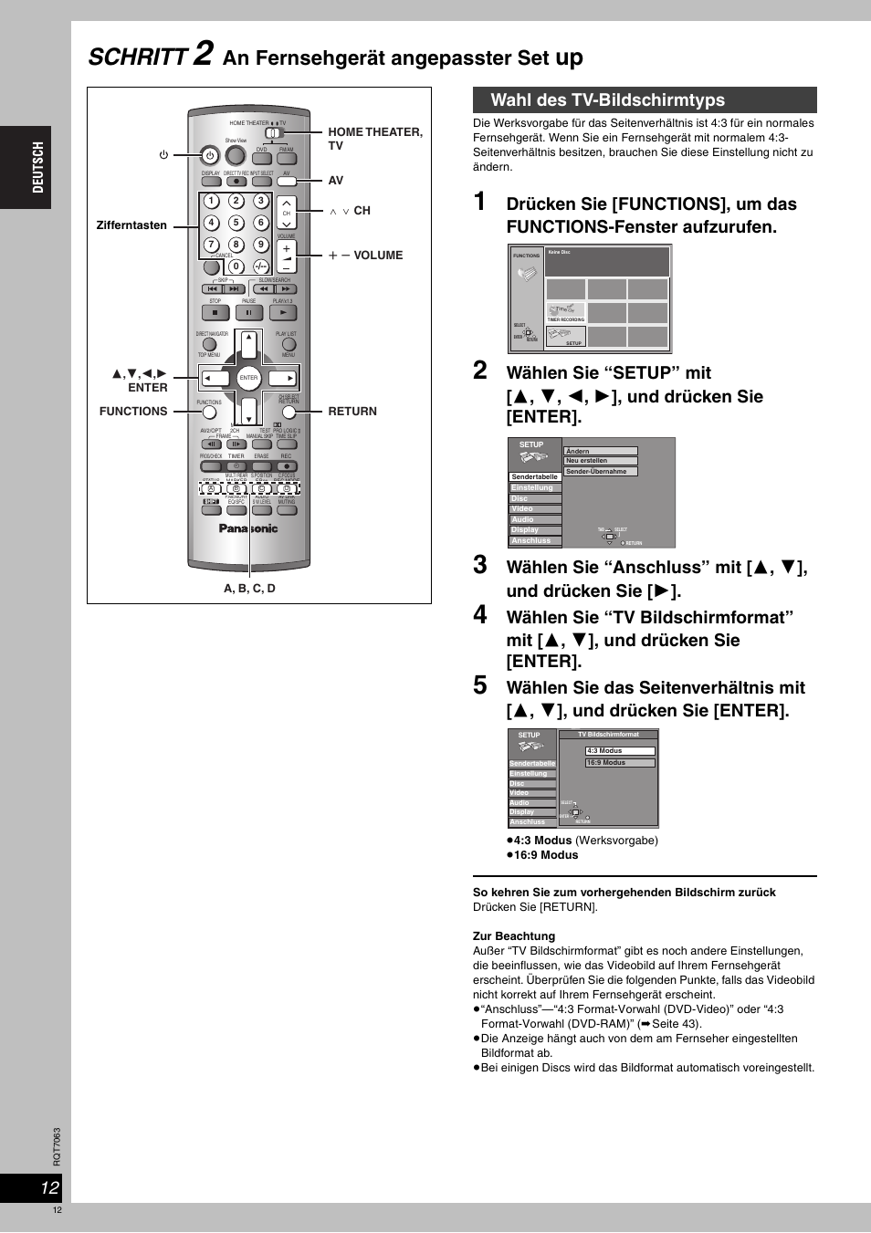Schritt, An fernsehgerät angepasster set, Wahl des tv-bildschirmtyps | Panasonic SCHT1000 User Manual | Page 12 / 176