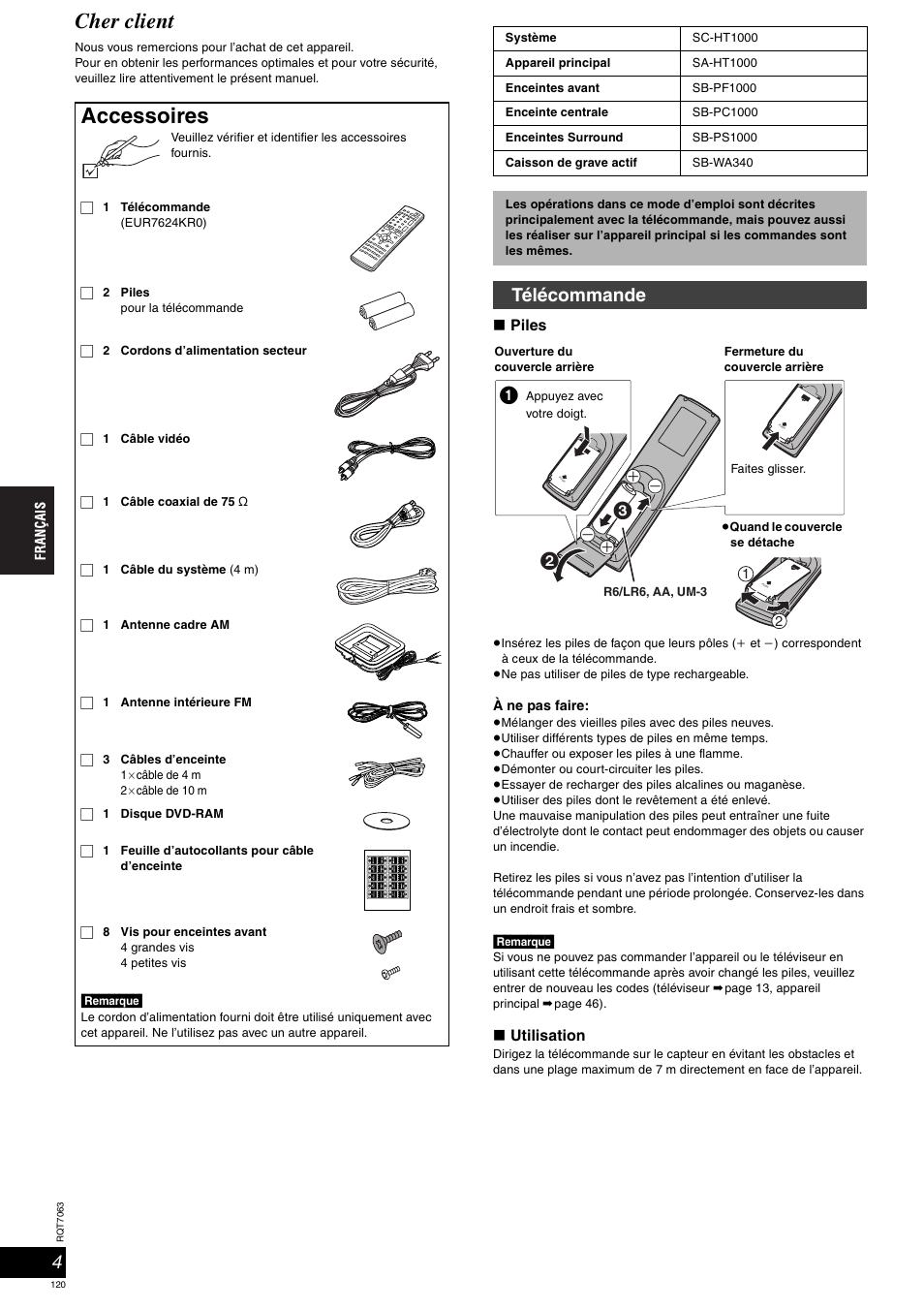 Cher client, Accessoires, Télécommande | Panasonic SCHT1000 User Manual | Page 120 / 176