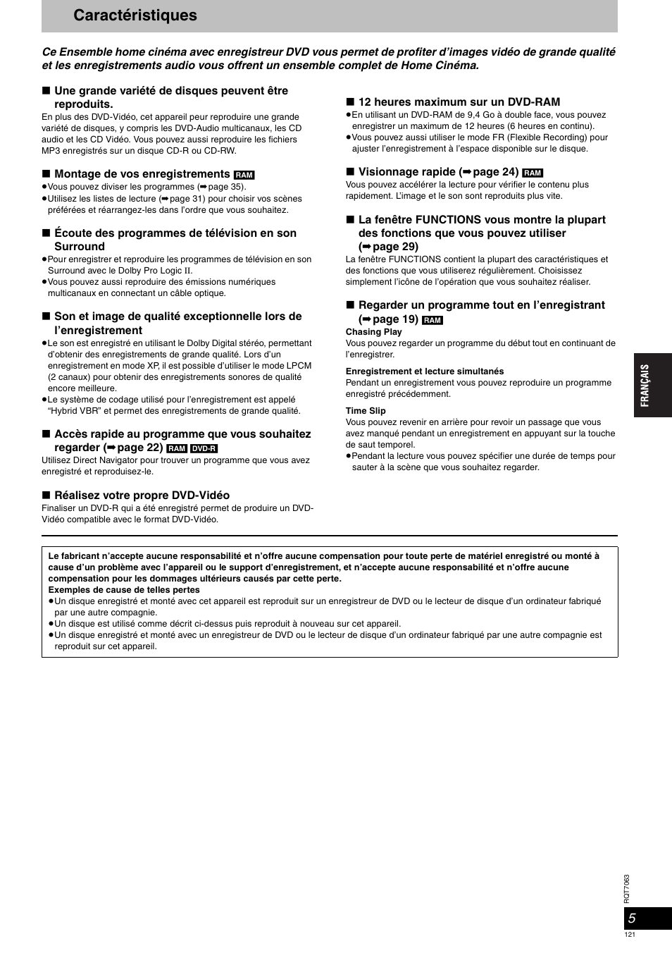 Caractéristiques | Panasonic SCHT1000 User Manual | Page 121 / 176