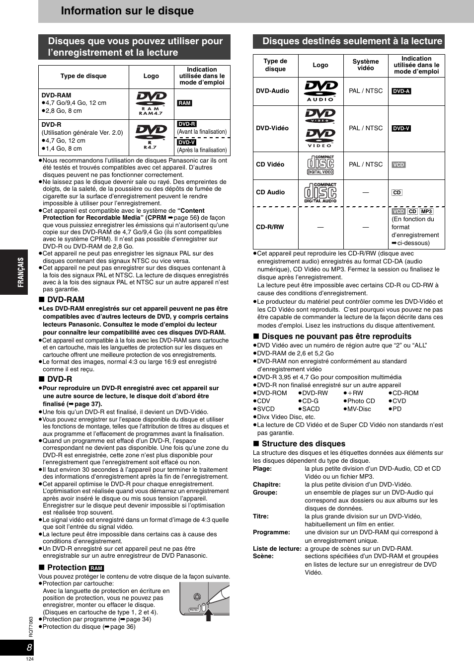 Information sur le disque, Disques destinés seulement à la lecture | Panasonic SCHT1000 User Manual | Page 124 / 176