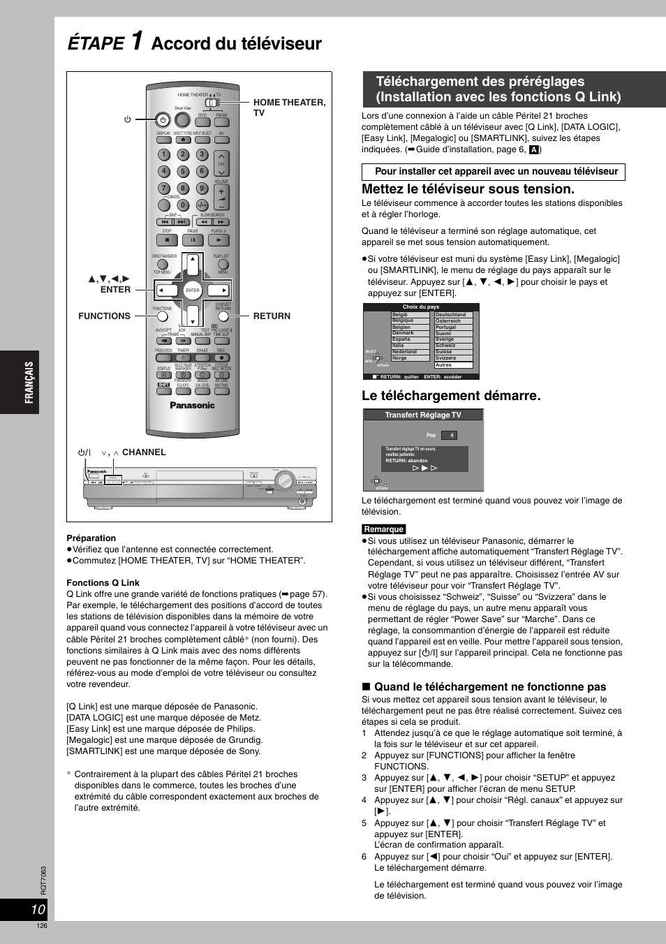 Étape, Accord du téléviseur, Mettez le téléviseur sous tension | Le téléchargement démarre, Quand le téléchargement ne fonctionne pas, Remarque, Down | Panasonic SCHT1000 User Manual | Page 126 / 176