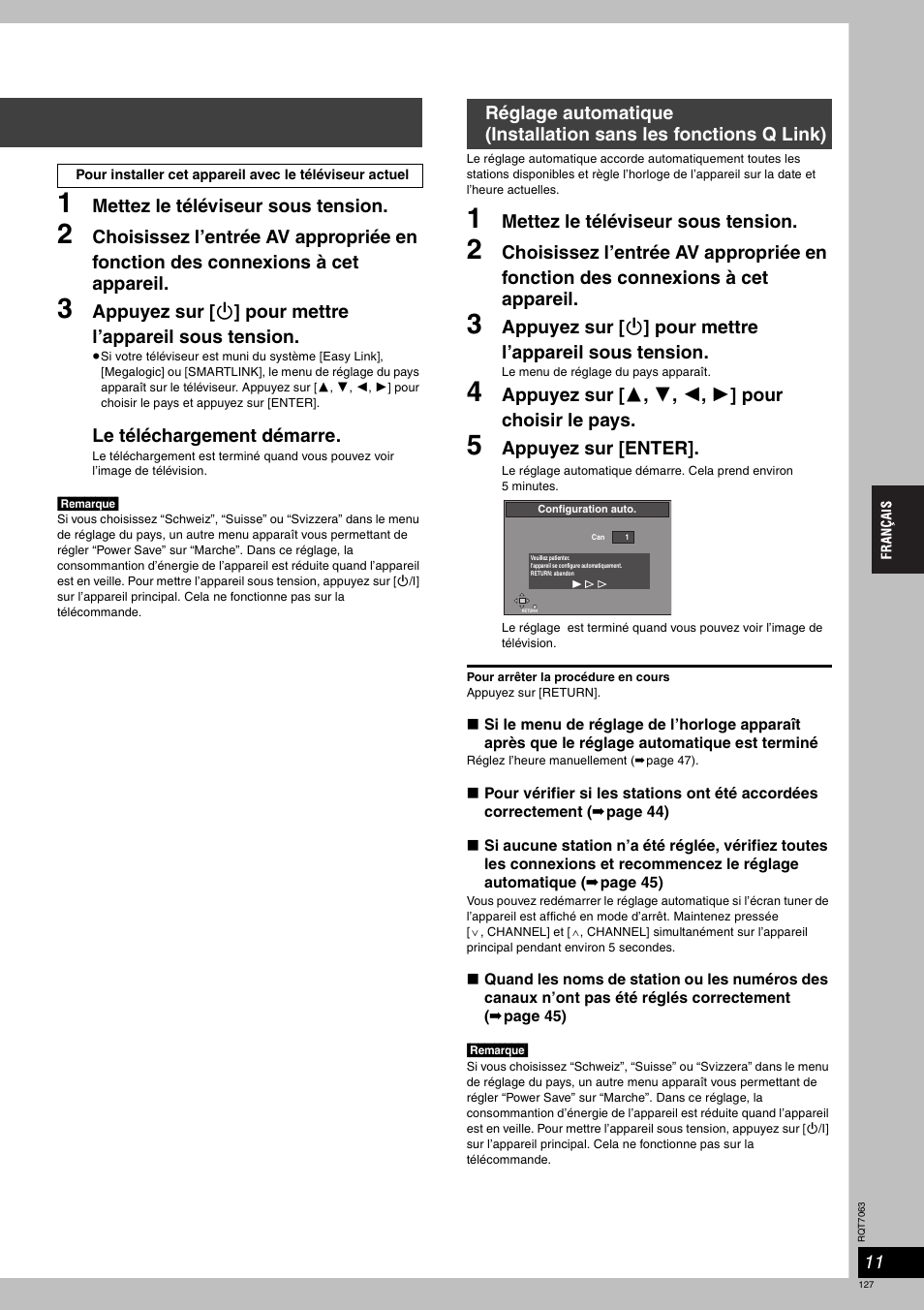 Mettez le téléviseur sous tension, Le téléchargement démarre, Appuyez sur [ 3 , 4 , 2 , 1 ] pour choisir le pays | Appuyez sur [enter | Panasonic SCHT1000 User Manual | Page 127 / 176