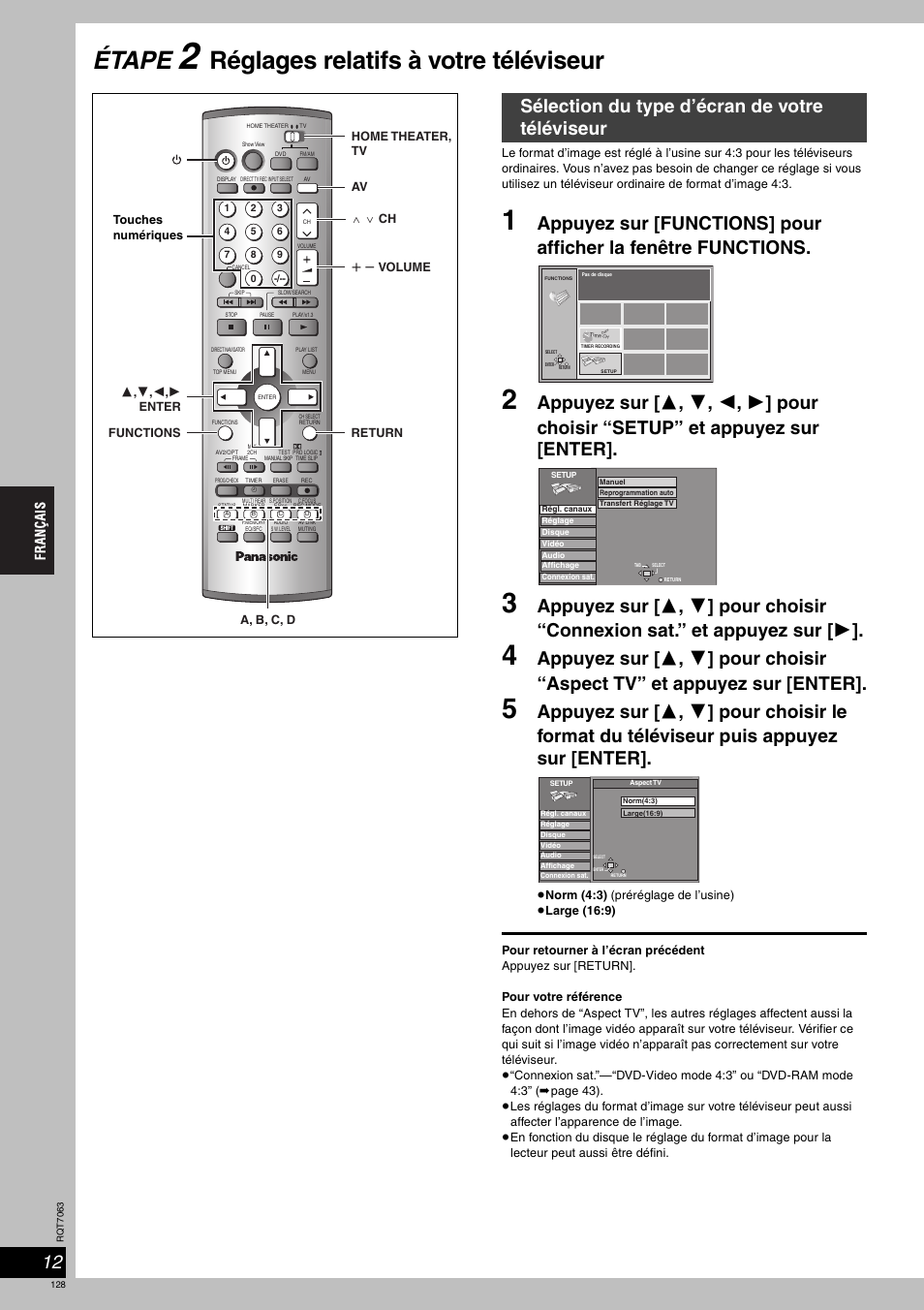 Étape, Réglages relatifs à votre téléviseur, Sélection du type d’écran de votre téléviseur | Panasonic SCHT1000 User Manual | Page 128 / 176