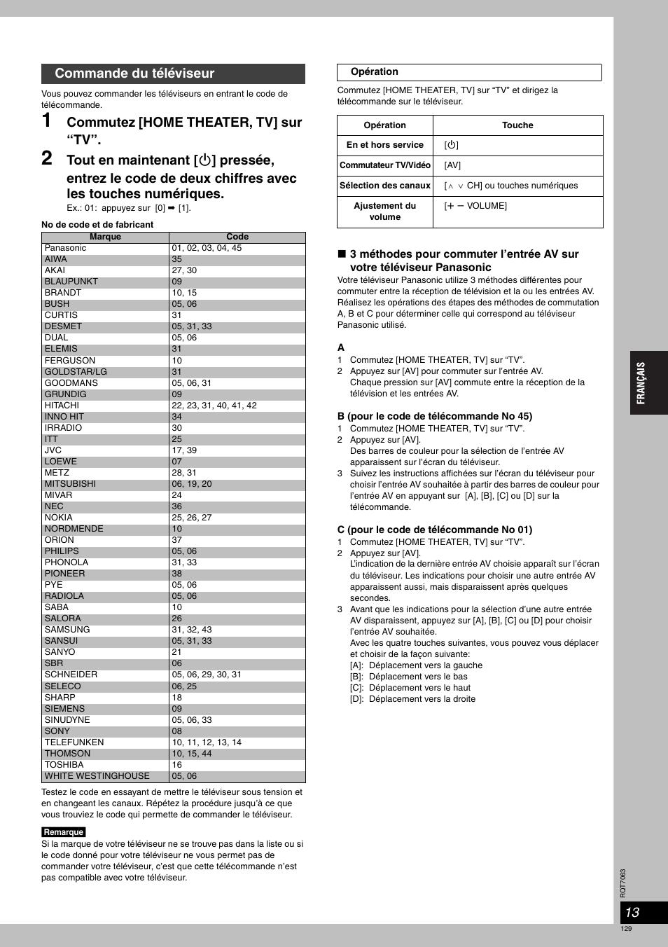 Commutez [home theater, tv] sur “tv, Commande du téléviseur | Panasonic SCHT1000 User Manual | Page 129 / 176