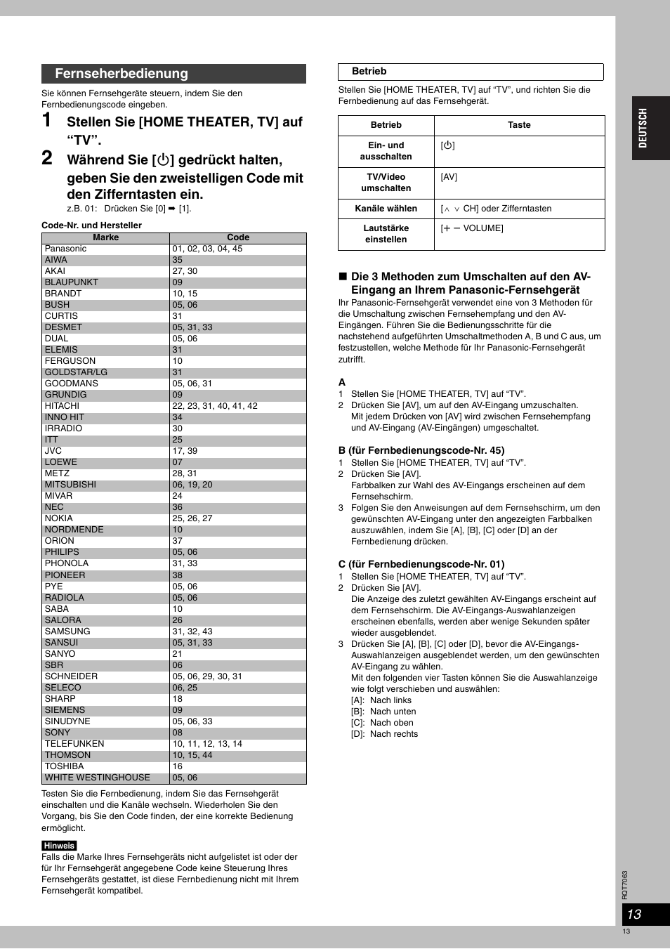Stellen sie [home theater, tv] auf “tv, Fernseherbedienung | Panasonic SCHT1000 User Manual | Page 13 / 176