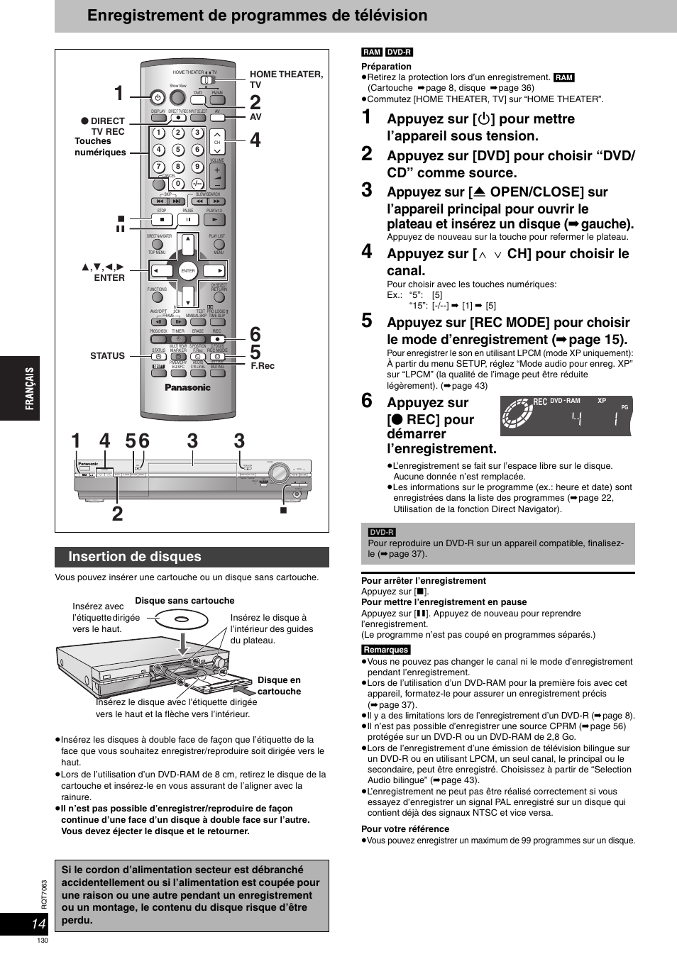 Enregistrement de programmes de télévision, Appuyez sur [ w x ch] pour choisir le canal, Insertion de disques | Panasonic SCHT1000 User Manual | Page 130 / 176