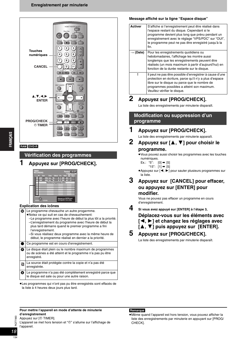 Appuyez sur [prog/check, Appuyez sur [ 3 , 4 ] pour choisir le programme, Vérification des programmes | Modification ou suppression d’un programme, Enregistrement par minuterie | Panasonic SCHT1000 User Manual | Page 134 / 176