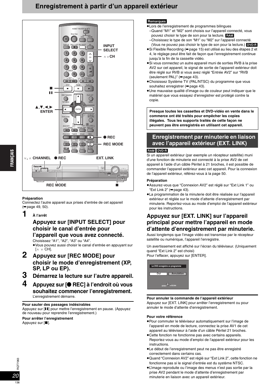 Enregistrement à partir d’un appareil extérieur, Démarrez la lecture sur l’autre appareil, Remarques | Down | Panasonic SCHT1000 User Manual | Page 136 / 176