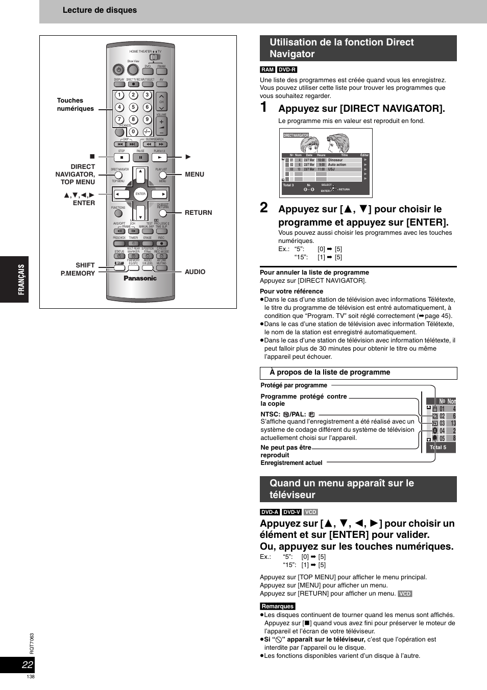 Appuyez sur [direct navigator, Utilisation de la fonction direct navigator, Quand un menu apparaît sur le téléviseur | Lecture de disques, Remarques, À propos de la liste de programme | Panasonic SCHT1000 User Manual | Page 138 / 176