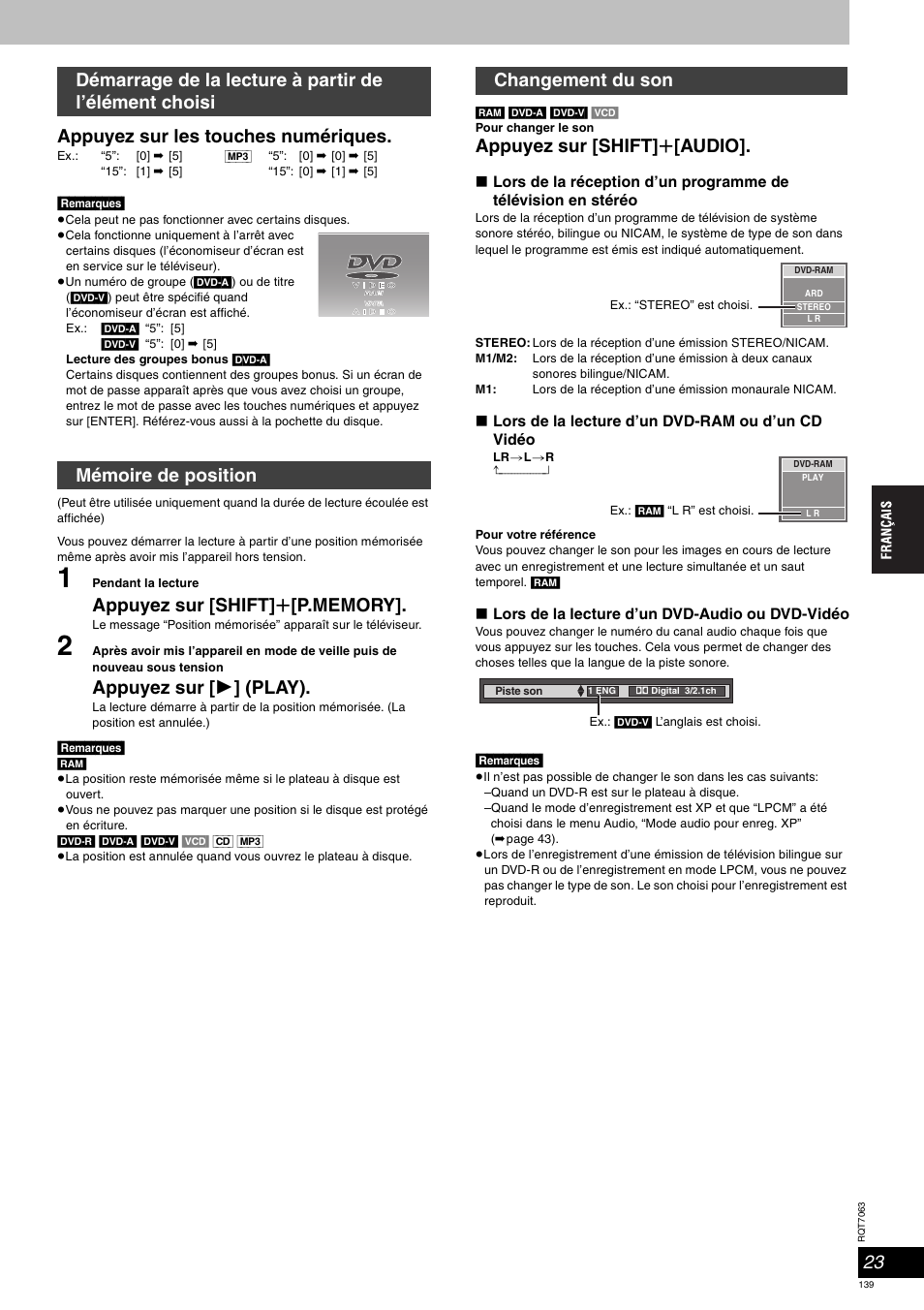 Appuyez sur les touches numériques, Appuyez sur [ 1 ] (play), Appuyez sur [shift] r [audio | Panasonic SCHT1000 User Manual | Page 139 / 176