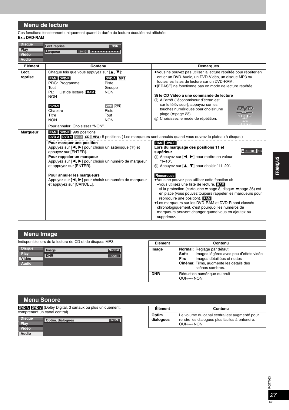 Menu de lecture, Menu image, Menu sonore | Panasonic SCHT1000 User Manual | Page 143 / 176