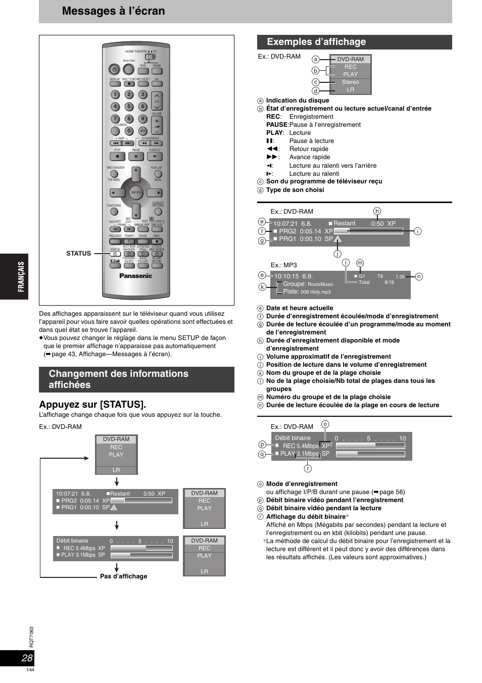 Messages à l’écran, Appuyez sur [status, Changement des informations affichées | Exemples d’affichage, Ac d b, Ml k, Pq o r | Panasonic SCHT1000 User Manual | Page 144 / 176