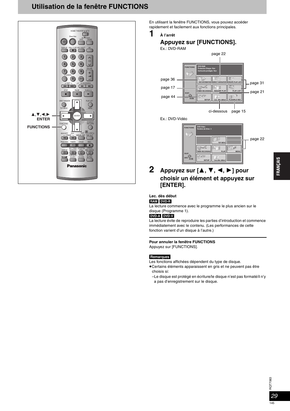 Utilisation de la fenêtre functions, Appuyez sur [functions, Remarques | Panasonic SCHT1000 User Manual | Page 145 / 176