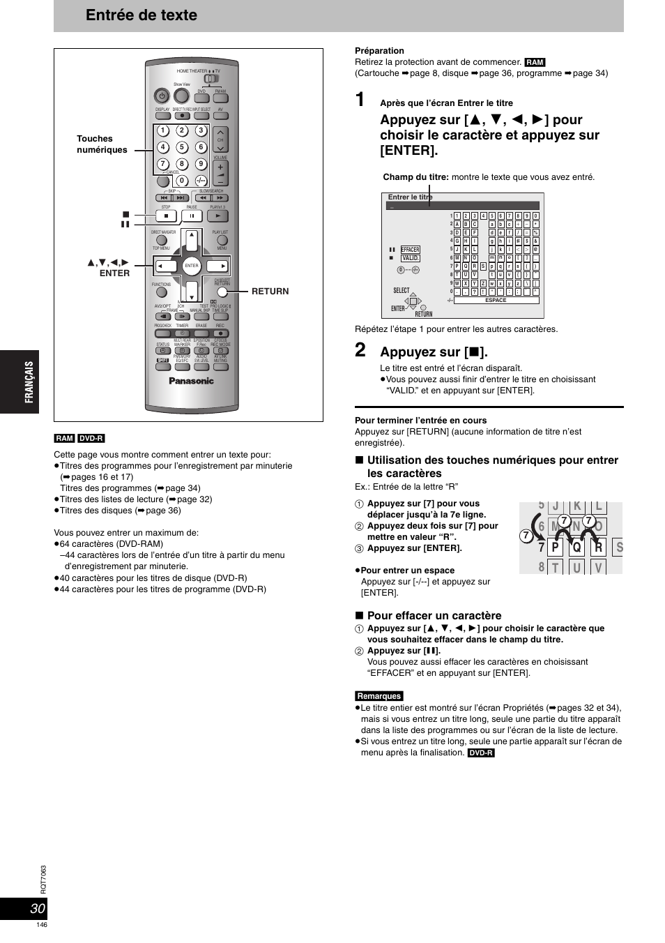 Entrée de texte, Appuyez sur, Pour effacer un caractère | Remarques | Panasonic SCHT1000 User Manual | Page 146 / 176