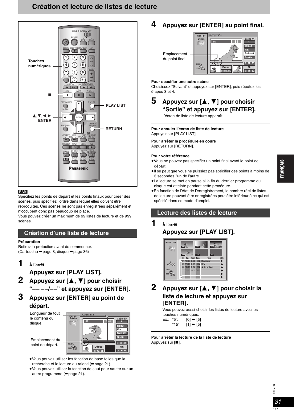 Création et lecture de listes de lecture, Appuyez sur [play list, Appuyez sur [enter] au point de départ | Appuyez sur [enter] au point final, Création d’une liste de lecture, Lecture des listes de lecture | Panasonic SCHT1000 User Manual | Page 147 / 176