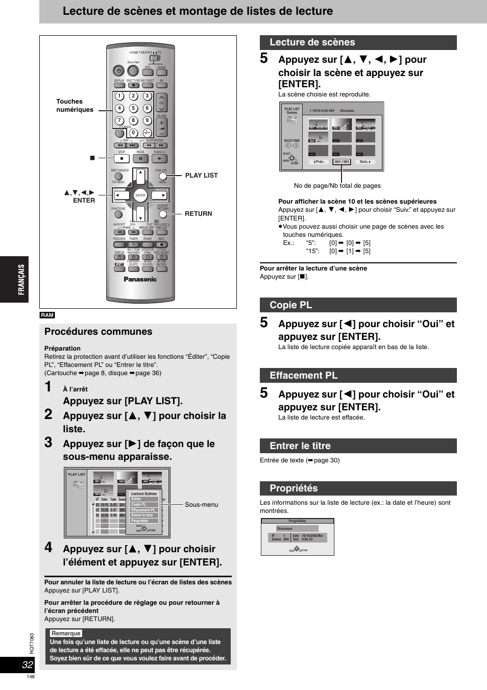 Lecture de scènes et montage de listes de lecture, Procédures communes, Appuyez sur [play list | Appuyez sur [ 3 , 4 ] pour choisir la liste, Remarque | Panasonic SCHT1000 User Manual | Page 148 / 176